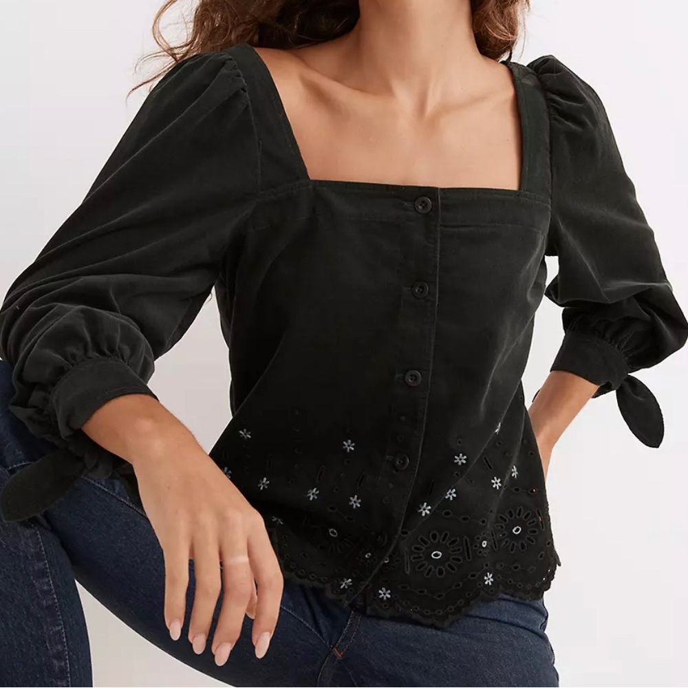 Madewell Green Square-Neck Eyelet Peplum Blouse